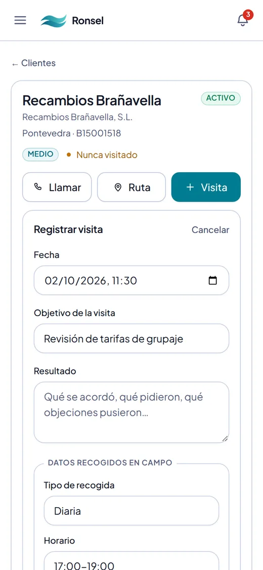 Ronsel en el móvil: la ficha de un cliente con los botones Llamar, Ruta y Visita, y el formulario para registrar la visita con los datos recogidos en campo.